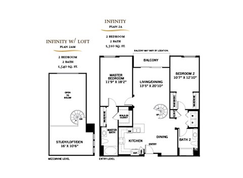 A floor plan for a property called Infinity with 2 bedrooms and 2 baths.