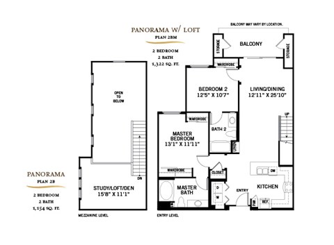 A floor plan for a Panorama W/Loft with two bedrooms, two bathrooms, and a balcony.