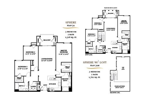 A floor plan for a Sphere home with a loft shows three bedrooms and two bathrooms.