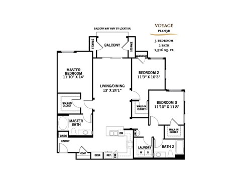 A floor plan of a Voyage plant shows a living area, three bedrooms, two bathrooms, a balcony, and a garage.