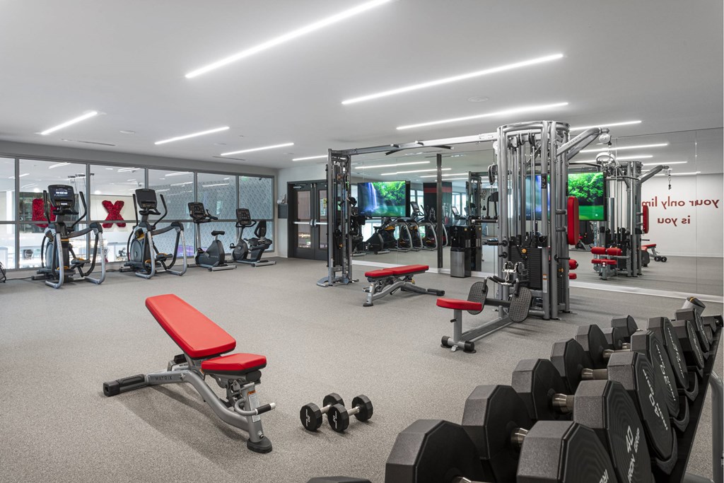 A gym with a variety of equipment including dumbbells, weight machines, and benches. at LUX by Garden*, San Diego, California