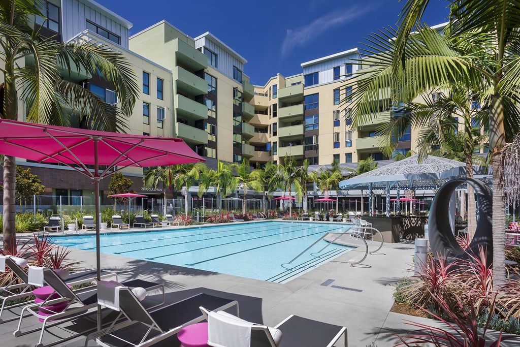 A pool surrounded by palm trees and chairs.