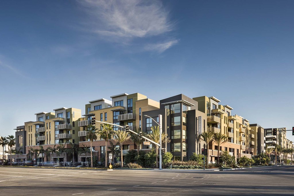 A row of modern buildings with palm trees in front.