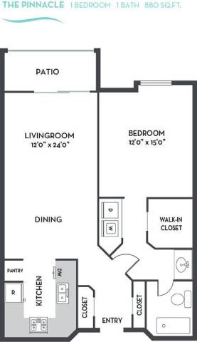 A floor plan of a one bedroom apartment with a living area, dining area, kitchen, and bathroom.