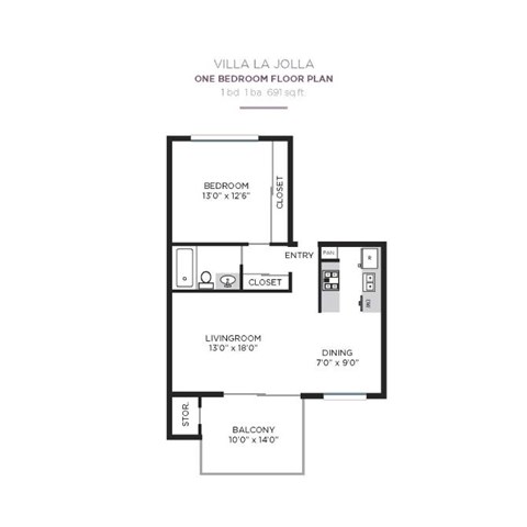 A floor plan for a one bedroom apartment with a balcony.
