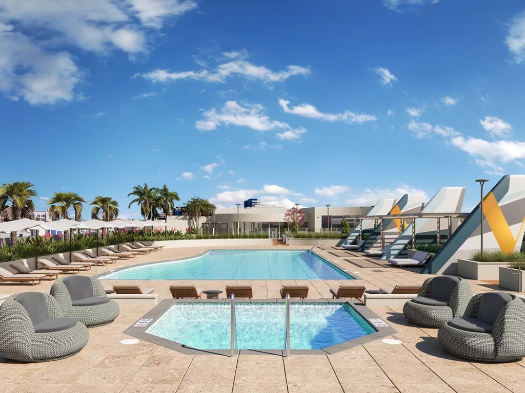 A large outdoor swimming pool at Volar Apartments, Irvine, CA