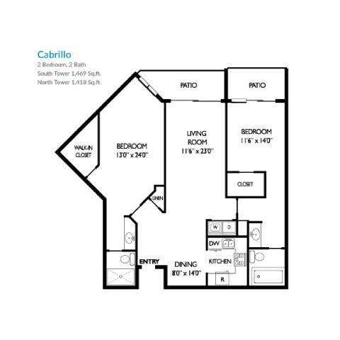 A black and white image of a floor plan for a one bedroom apartment.