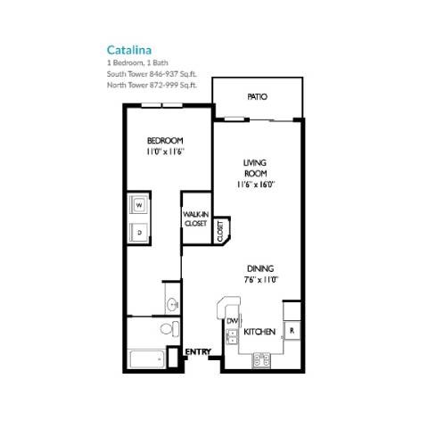 A floor plan of a one bedroom apartment named Catalina.