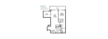 A Meridian floor plan with a den, two bedrooms, a living room, a dining room, a kitchen, a walk-in closet, and a patio.