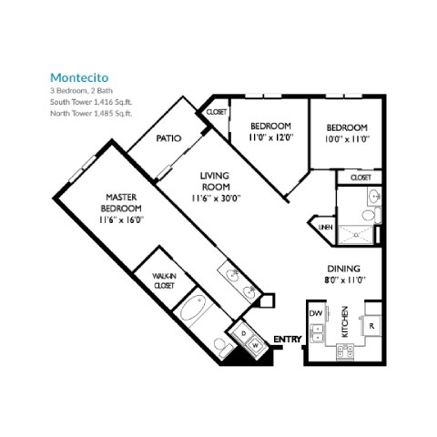 A black and white image of a Montecito floor plan.
