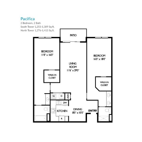 A floor plan of a two bedroom, two bath apartment with a living room and a dining room.