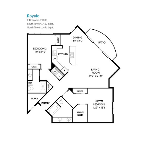 A floor plan of a home named Royale with two bedrooms and two bathrooms.