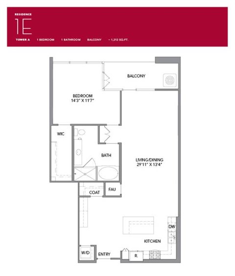 1E Floor Plan at LUX by Garden*, San Diego, CA, 92122
