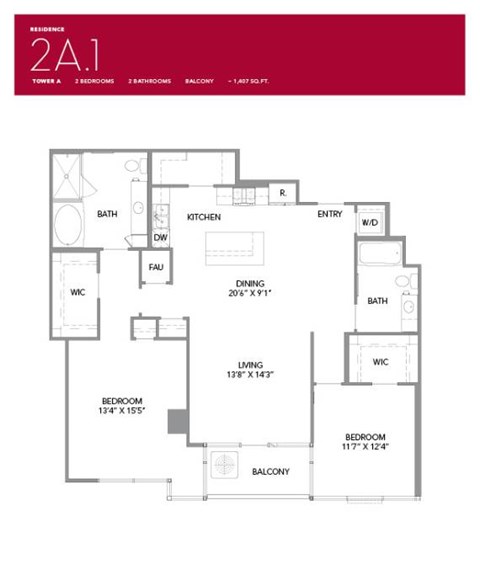 2A1 Floor Plan at LUX by Garden*, San Diego, California