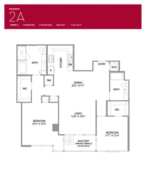 2A Floor Plan at LUX by Garden*, California