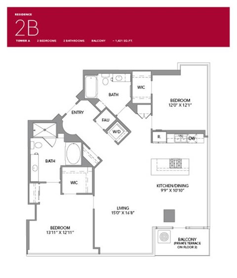2B Floor Plan at LUX by Garden*, California, 92122
