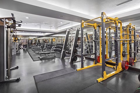 A gym with a variety of equipment including weightlifting machines and free weights.at Costa Verde Village Apartments, California, 92122