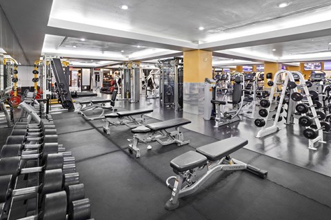 A gym with a variety of equipment including weights and benches.at Costa Verde Village Apartments, California