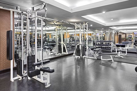A gym with a variety of equipment including weight machines and free weights.at Costa Verde Village Apartments, California, 92122