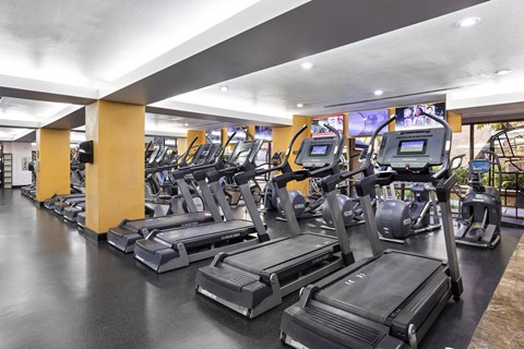 A gym with treadmills and elliptical machines.at Costa Verde Village Apartments, San Diego, CA 92122