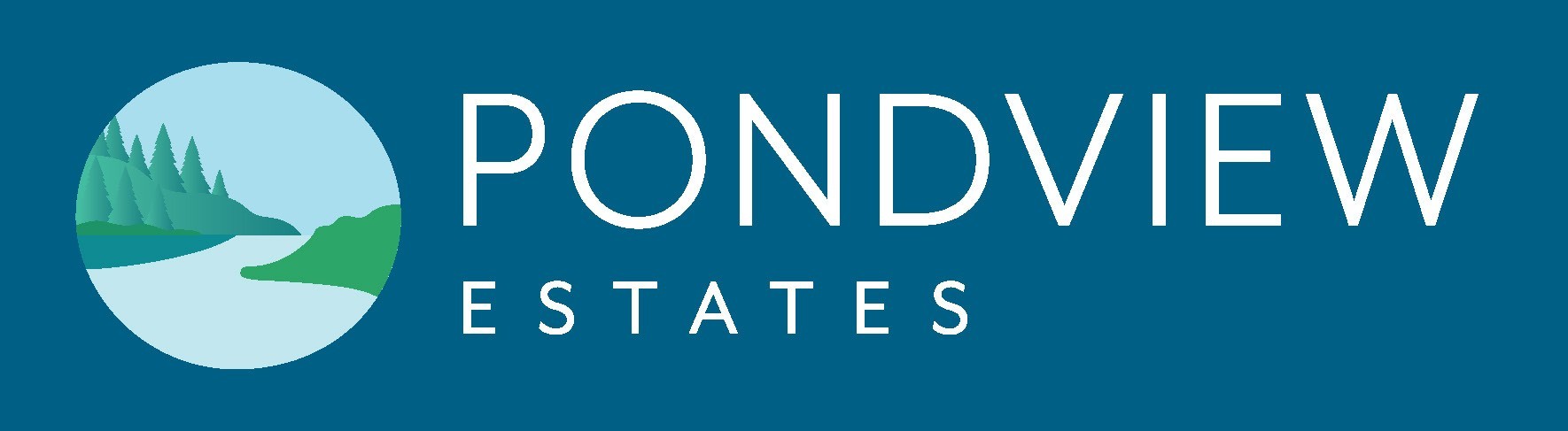 A logo with the text "PONDVIEW ESTATES" in front of a blue background.