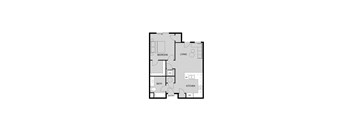 A floor plan of a house with a bedroom, living room, kitchen, bathroom, and laundry area.