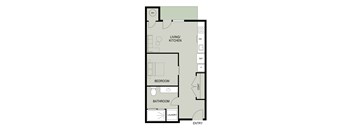 A floor plan of a house with a living kitchen, bedroom, bathroom and laundry.