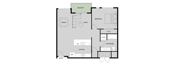 A floor plan of an apartment with a balcony, dining area, living room, kitchen, bathroom, and laundry room.