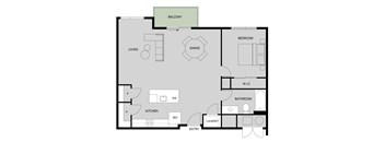 A floor plan of an apartment with a living room, dining room, kitchen, bathroom, laundry, and balcony.