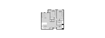 A floor plan of a house with two bedrooms, a living room, a kitchen, a bathroom, and an entry.