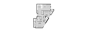 A floor plan of a house with a kitchen, living room, and three bedrooms.