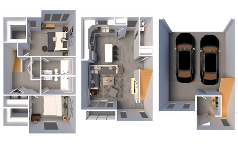 a 3d rendering of a floor plan and layouts of a house