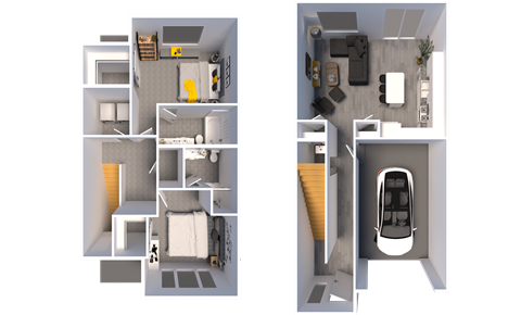 a rendering of a floor plan and a view of the interior of a house