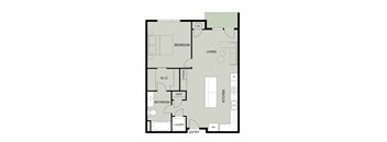 A floor plan of a house with a bedroom, living room, kitchen, bathroom, laundry, and entry.