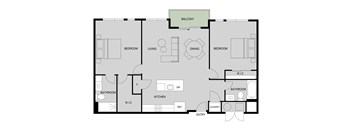 A floor plan of a house with a balcony, two bedrooms, a living room, a dining room, a kitchen, a bathroom, a washroom, and an entry.