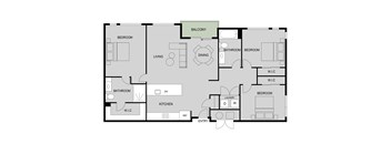A floor plan of a house with a balcony and a living room.