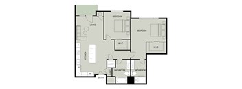 A floor plan of an apartment with two bedrooms, a living room, a kitchen, a laundry room, and two bathrooms.