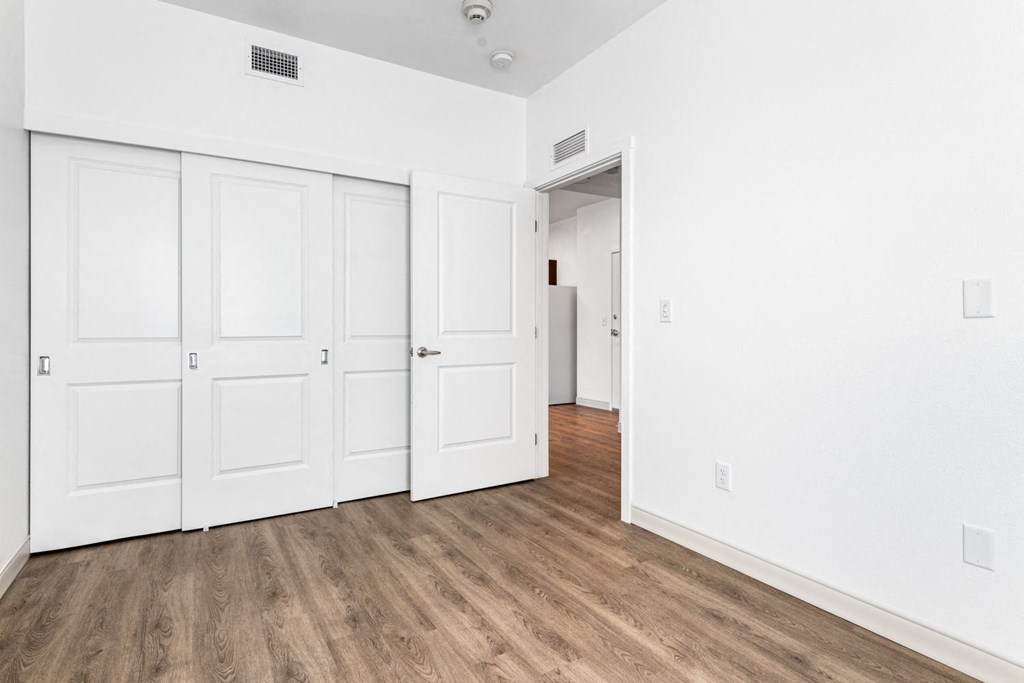 a bedroom with two closets and hardwood floors
