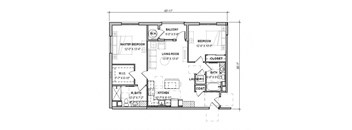 A floor plan of a house with a balcony, two bedrooms, a living room, a kitchen, a laundry area, and a closet.