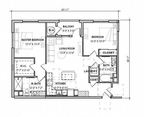 A floor plan of a house with a balcony, two bedrooms, a living room, a kitchen, a laundry area, and a closet.