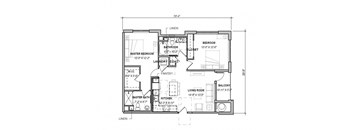 A floor plan of a house with a master bedroom, living room, kitchen, and bathrooms.