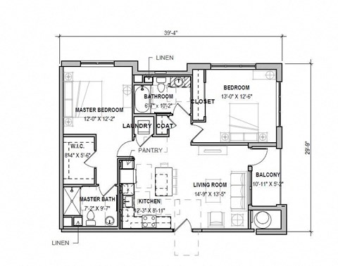 A floor plan of a house with a master bedroom, living room, kitchen, and bathrooms.