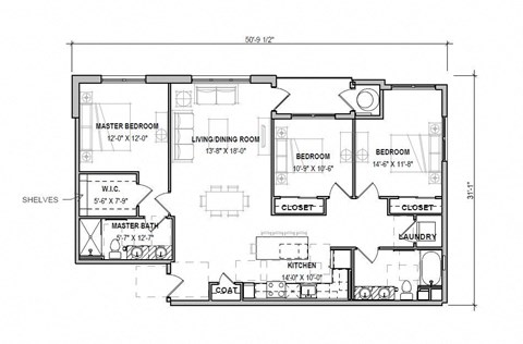 A floor plan of a house with labeled rooms and dimensions.