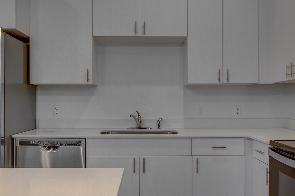A kitchen with white cabinets and a stainless steel dishwasher.