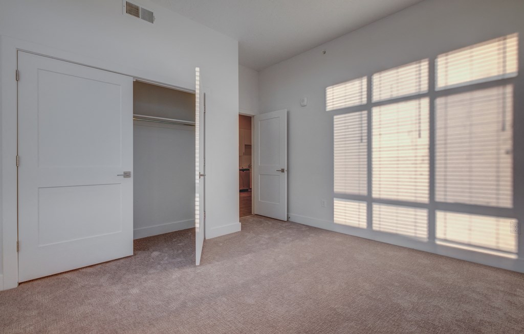A room with a white door and a window with blinds.