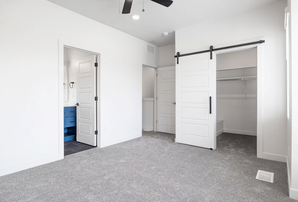 a room with white walls and a closet with white doors