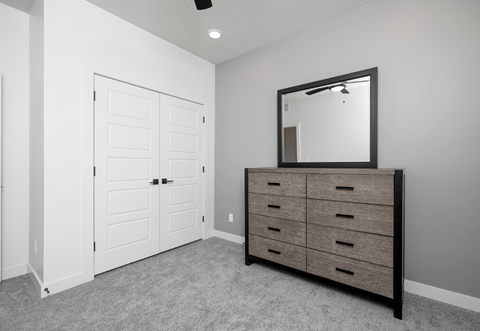 a bedroom with a dresser with a mirror and a closet