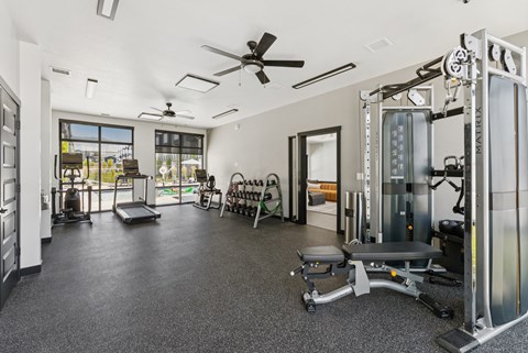 A spacious gym with a variety of equipment including a squat rack, bench, and weights.