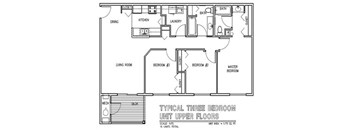 A drawing of a typical three bedroom unit with upper floors.