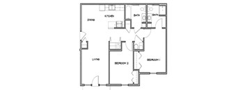 A floor plan of a house with two bedrooms, a living room, a kitchen, and two bathrooms.